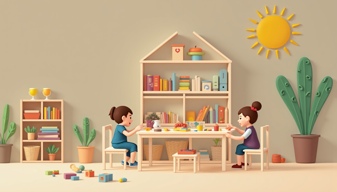 Copii fericiți jucându-se într-o gradinita Montessori luminoasă și organizată