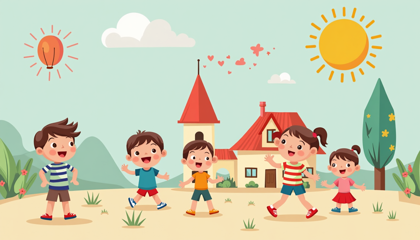 O ilustrație veselă cu copii jucându-se într-o creșă din Ploiești, simbolizând un mediu sigur și educativ.