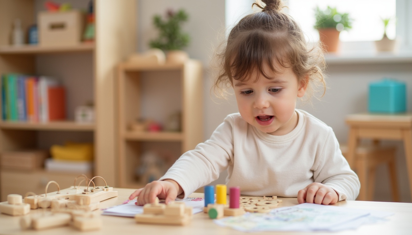 Copii fericiți într-o gradinita maniera Montessori, explorând materiale educaționale