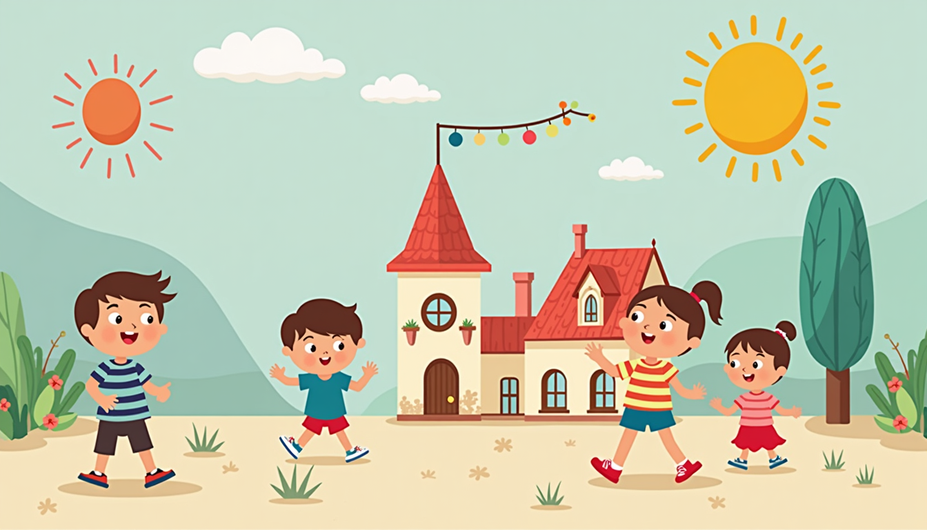 Grup de copii fericiți jucându-se într-o grădiniță modernă din Ploiești, sub supravegherea unei educatoare zâmbitoare