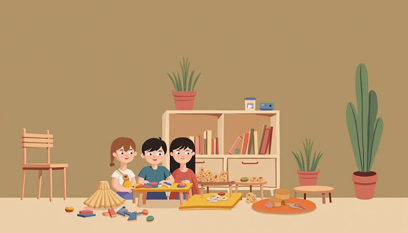 O fetiță zâmbitoare explorând materiale Montessori într-un mediu pregătit, ilustrând metoda Maria Montessori.